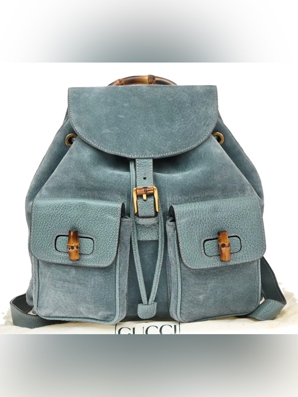 Authentic Gucci Teal Suede Leather Backpack with Bamboo Hardware